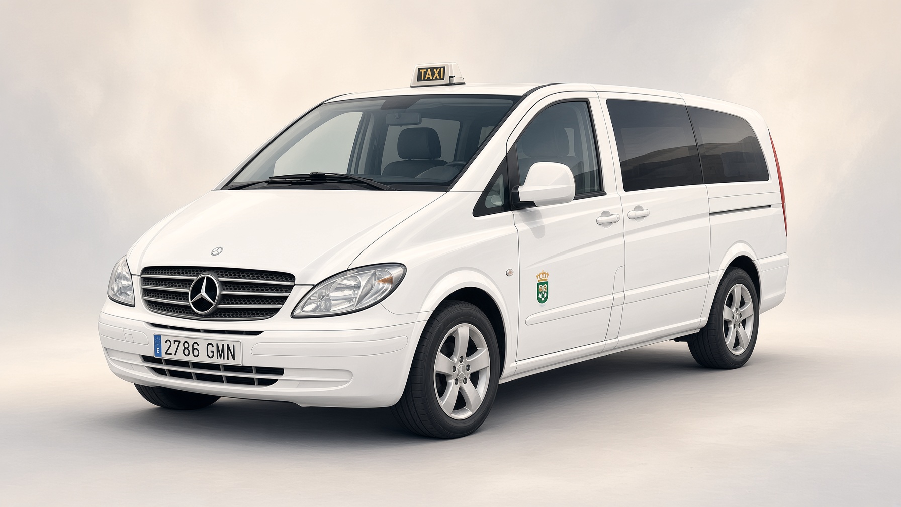 Mercedes Vito blanca con el módulo de taxi y el escudo de El Rosario
